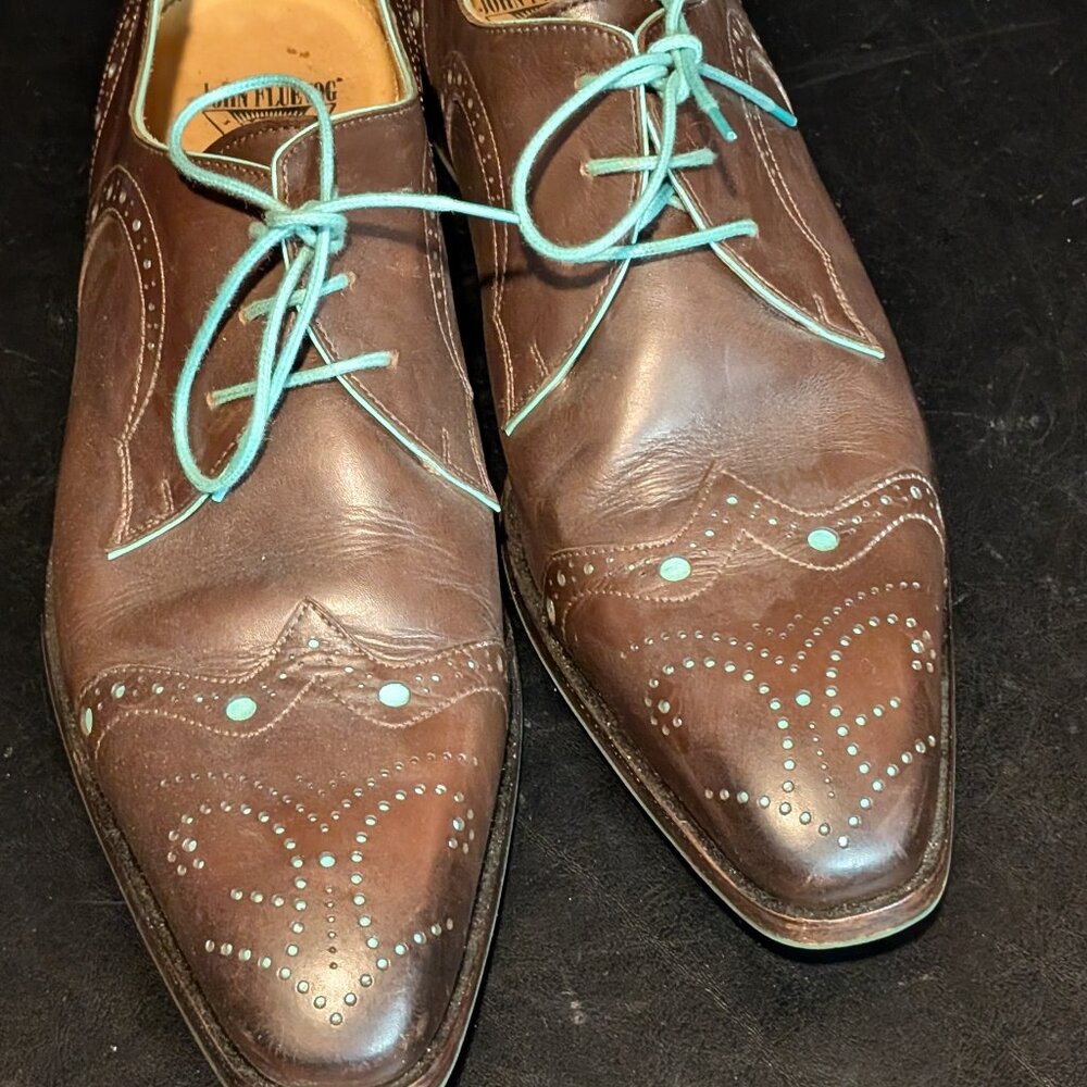 VGC Mens John Fluevog Leather Dress Shoes 12 Wingtip Brown Turquoise